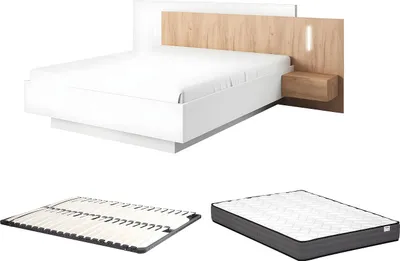 Produktbild von Bett mit Nachttischen 160 x 200 cm - 2 Schubladen - Mit LED-Beleuchtung - Weiß und natürlich + Bettgestell + Matratze - FRANCOLI