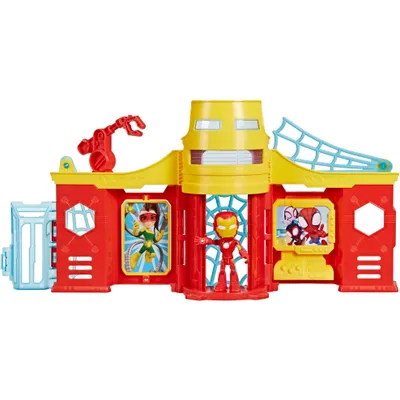 A toy playset featuring Marvel characters Iron Man and Spider-Man.