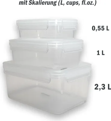 Three clear plastic food storage containers stacked on top of each other, with labels indicating their volumes.