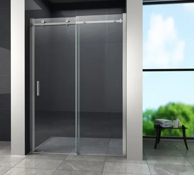 A modern bathroom with a sliding shower door.