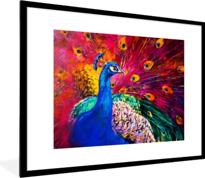Produktbild von MuchoWow® Gerahmtes Poster Gemälde - Vogel - Pfau - Ölgemälde 80x60 cm - Poster mit Schwarzem Bilderrahmen Wandposter Rahmen Foto Bilder - Schlafzimmer-Dekorationen - Fotoposter