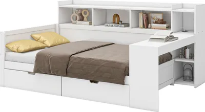 Produktbild von Schlafsofa,Daybett(Weiss)Tagesbett,Nachttischablage und Untertischablage, Bett mit Steckdose und USB-Anschluss, 2 Schubladen, Schreibtisch,Spanplatte
