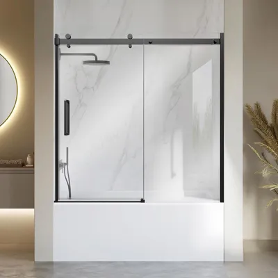 Produktbild von VEVOR Duschwand für Badewanne 1524x1524 mm Teilgerahmt 8 mm Schwarz, Badewannenaufsatz Klares Sicherheitsglas Schiebetür für Badewannen & Duschen mit 2 Edelstahlgriffen, Nano-Beschichtung