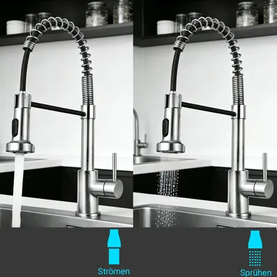 Produktbild von Aica Küchenarmatur Federzug Ausziehbar Brause Spültischarmatur Wasserhahn Edelstahl 2 Strahlarten 360° Schwenkbar Chrom