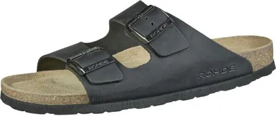 Produktbild von Rohde Herren Biopantolette Grado, Leder Schwarz, mit verstellbaren Schnallen, Lederfußbett und Kork-Tieffußbett, EVA-Sohle, Weite G, Absatz 2.5 cm