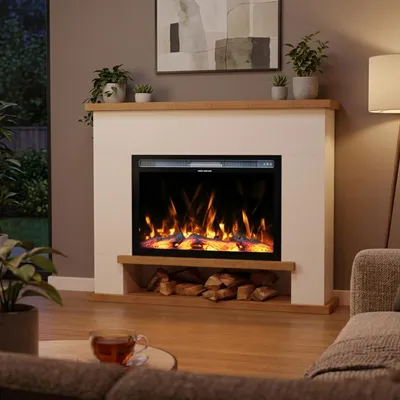 Produktbild von Garlivo Elektrokamin 'CATANIA Weiss/ Eiche ' | LED Standkamin in weiss mit Heizung (1500 W) | HxBxT: 116x142x28cm