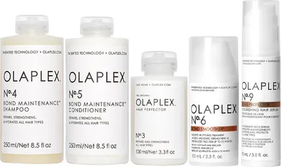 Obrázek produktu pro Olaplex No.4 Bond Maintenance Shampoo 250ml + No.5 Bond Maintenance Conditioner 250ml + No.3 Hair Perfector 100ml + No.9 Bond Protector Nourishing Hair Serum 90ml + No.6 Bond Smoother 100ml
