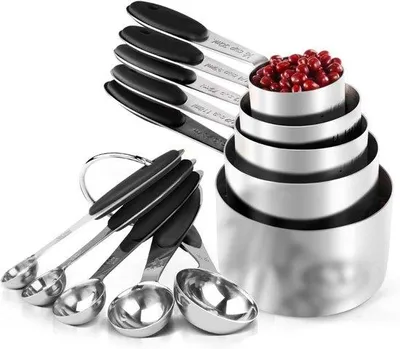 Produktbild von Famanu Set von 10 Edelstahl-Messbechern und Messlöffeln - 18/8 RVS mit dicken Griffen