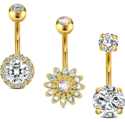 Image de Ensemble de piercings pour nombril, modèle barbell, 5 pièces, calibre 14G, longueur 10 mm, en acier chirurgical 316L, couleurs : argent, rose gold, or