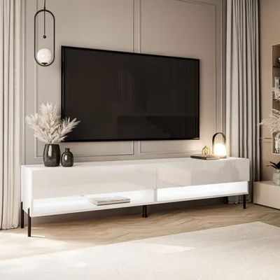 Produktbild von RTV Schrank CALANTE 180 cm auf Beinen mit LED-Beleuchtung Weiß / Weiß hochglanz gerade schwarze Beine