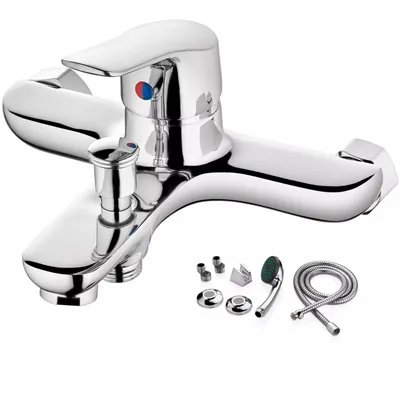 A chrome-finished bathtub faucet with a handheld showerhead and accessories, displayed on a white background.