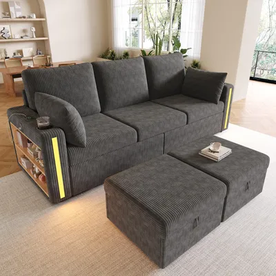 Produktbild von okwish Modulares Sofa mit zwei Stauraum-Fußhocker und LED, Ecksofas mit USB und Type-C, Klassische Sofas mit Armlehnen-Regal, Grau