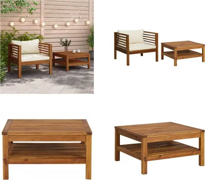 Produktbild von vidaXL 2 tlg. Garten Sofagarnitur mit Cremeweißen Kissen Akazienholz - Garten-Lounge-Set - Garten-Lounge-Sets - Holz-Lounge-Set - Holz-Lounge-Sets