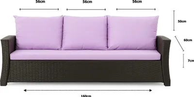 A front view of a three-seater sofa with purple cushions and a dark brown woven base, with dimensions indicated by text overlays.