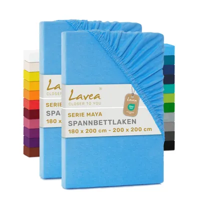 Produktbild von Lavea® 2er Pack Jersey Spannbettlaken 180/200x200 cm, 100% Baumwolle – Weiches Bettlaken für Matratzen bis 20 cm Höhe – Himmelblau