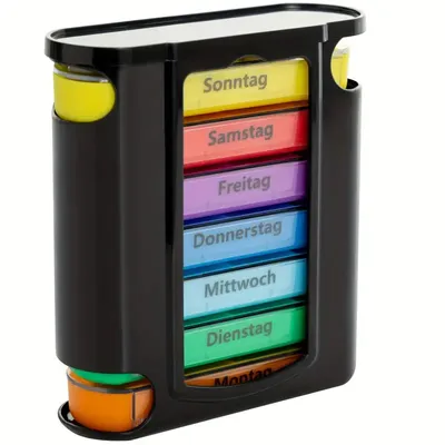 Produktbild von Pillenbox 7 Tage mit 4 Fächern pro Tag – Medikamentenbox für Senioren, Tabletten-Organizer farbig mit Etiketten, BPA-frei, tragbar, ideal für Reise