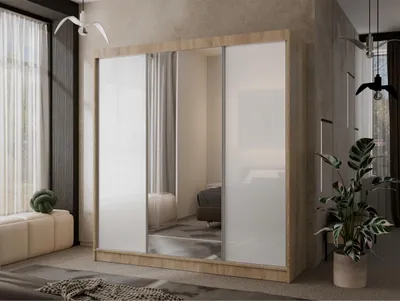 Produktbild von Spiegelschrank mit 4 Schubladen Mallorca 200 cm Garderobenschrank mit Hochglanz modernes 3-türig Schiebetürenschrank, Farbe: Eiche sonoma, Hochglanz: Weiß