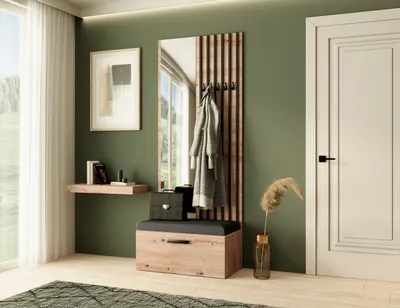 Produktbild von Garderobe MARGARET II, Farbe: Artisan + Schwarze Lamellen + Schwarz, mit Spiegel