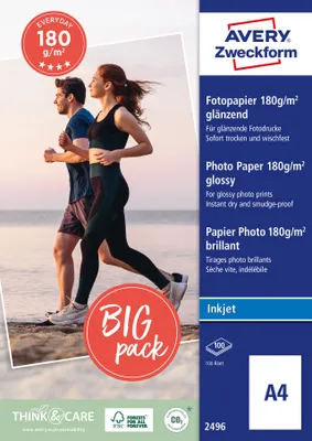 Produktbild von Avery Zweckform 2496 Everyday Inkjet Fotopapier, A4, einseitig beschichtet, 180 g/m², 100 Blatt
