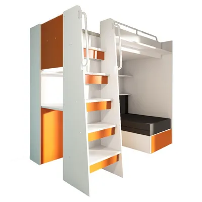 Produktbild von Marlux-Meble Hochbett JSM-7 90x200 TREPPE Links mit Schreibtisch Schränke und Ausklappbares Sofa 70x180 Matt Funktionsbett Etagenbett Stockbett Kinderhochbett Jugendhochbett (Orange Matt)