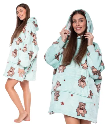 Zdjęcie produktu dla Bluza Koc Koc 2w1 Oversize Kaptur Gruby Sherpa Niebieski z misiem