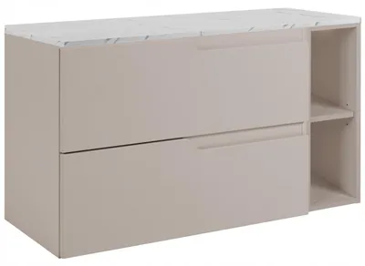 Produktbild von RODAN | Waschbeckenunterschrank Kaschmir 80 cm - Tischplatte in Weißmarmoroptik - 2 Schubladen - Hängend - Eingebautes beiges Regal - MODERN