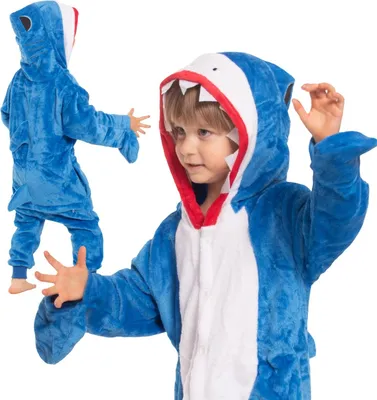 Produktbild von Nikcorp Jumpsuit Pyjama Damen Kinder Onesie Hai Blau 115-225