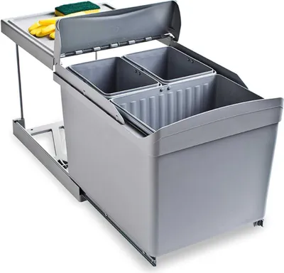 Image de Poubelle de recyclage pour fixation inférieure et extraction automatique dans caisson de cuisine 1x16litres 2x7 - 5litres -  Plastique gris