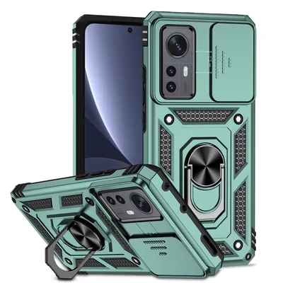 Immagine prodotto di Custodia per Xiaomi 12 / Xiaomi 12X a doppio strato con copertura scorrevole della fotocamera e supporto ad anello verde