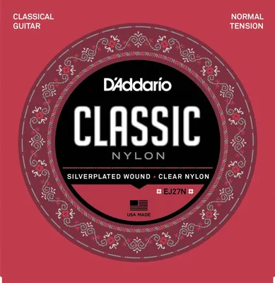 A circular graphic featuring D'Addario Classic Nylon guitar strings.