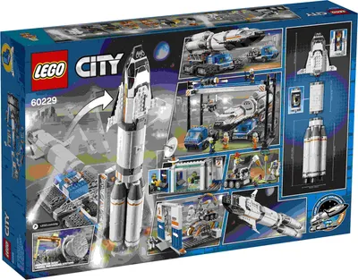 The back of a LEGO City rocket assembly and transport set box, showing various scenes of the rocket, space station, and vehicles.