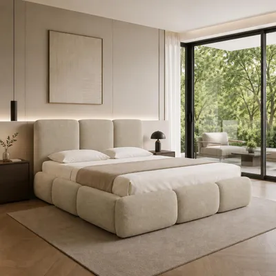 Image de Lit rembourré FURNISTAR BOVA 180 x 200 cm, lit rembourré avec coffre de rangement, espace de rangement et sommier à lattes, lit double, style lit à ressorts, beige