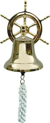 Produktbild von Große Nautische Glocke mit Steuerrad-Wandhalterung aus Messing 12cm – Wandglocke