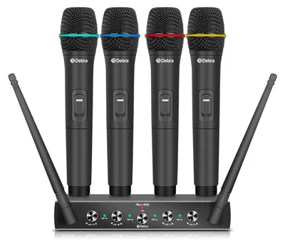Image de Ensemble de microphones sans fil 4 canaux - 4 microphones main - argent - pour karaoké et utilisation en église