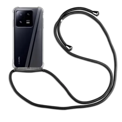 A smartphone with a clear case and a black lanyard is displayed against a white background.
