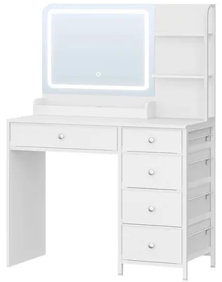 Image de Coiffeuse - Coiffeuse avec éclairage LED - Grand miroir HD - 2 étagères - 6 tiroirs - Style moderne, blanc