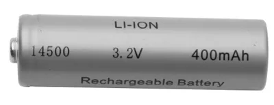 A silver rechargeable battery is shown against a white background.