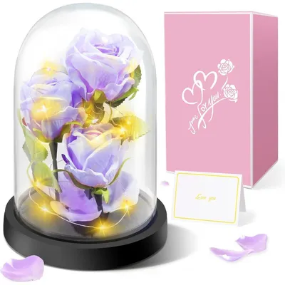 Productafbeelding van Eeuwige roos in een glazen vaas met verlichting, 3 paarse rozen, glazen koepel, cadeau voor vrouwen, Moederdag, Valentijnsdag