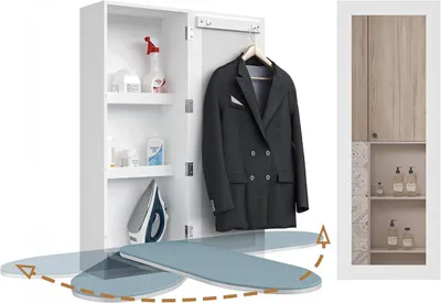 Produktbild von Wandbügelbrett mit Schrank klappbar & drehbar | Bügelbrett Wandschrank platzsparend mit Ganzkörperspiegel, 2 Ablagen & Kleiderhaken | Weiß
