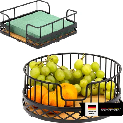 Immagine prodotto di set di 2 cestini da frutta bremermann con portatovaglioli, fruttiera/cestino da pane in bambù e metallo