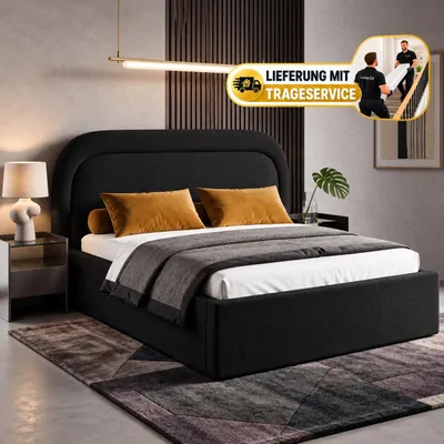 Produktbild von Polsterbett 200x200 cm mit Bettkasten BONIA, Stauraum und Metall-Lattenrost – Bouclé Stoff Schwarz