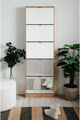 Productafbeelding van Schoenenkast met spiegel, eikenhoutlook, geschikt voor 15 paar schoenen, met 5 kleppen, afmetingen 58 x 177 x 17 cm