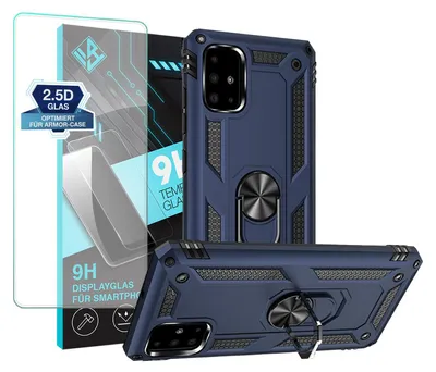 A blue phone case and screen protector are displayed against a white background.