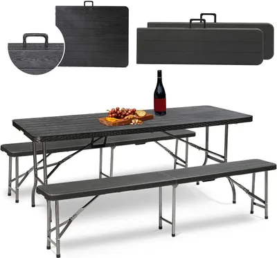 Produktbild von Sekey 180cm Bierzeltgarnitur 3-teilig Klappbar Campingtisch Holzmaserung Schwarz