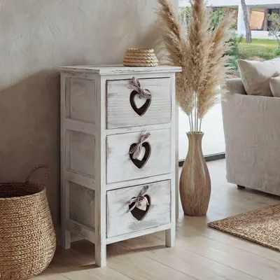 Produktbild von Kommode Forli, Schubladenkommode Schrank, 3 Schubladen mit Herzen 55x29x25cm, Shabby-Look, Vintage weiß