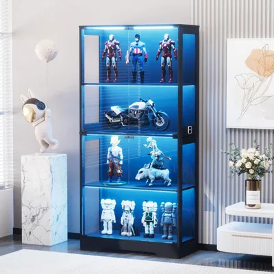 Zdjęcie produktu dla Szkło, czarny kolor, witryna z oświetleniem LED, 4 półki, 4 drzwi, wymiary 80x165x35 cm, czujnik ruchu, trójkolorowe światło
