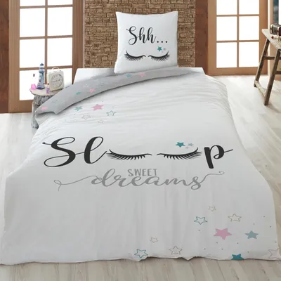 Produktbild von Bettwäsche Set 2-teilig 135x200 80x80 cm mit Wimpern Sterne - Graue Mädchenbettwäsche aus 100% Baumwolle mit Reißverschluss - , atmungsaktiv
