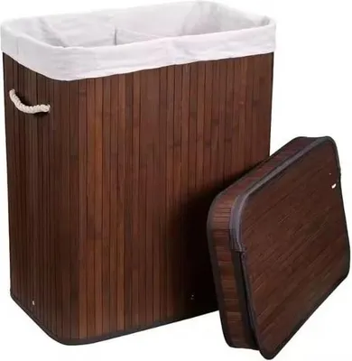 A brown bamboo laundry basket with a white liner and a separate lid, shown against a white background.