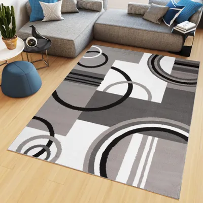 A modern living room with a sectional sofa and a geometric rug.
