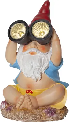 A garden gnome figurine holding binoculars.